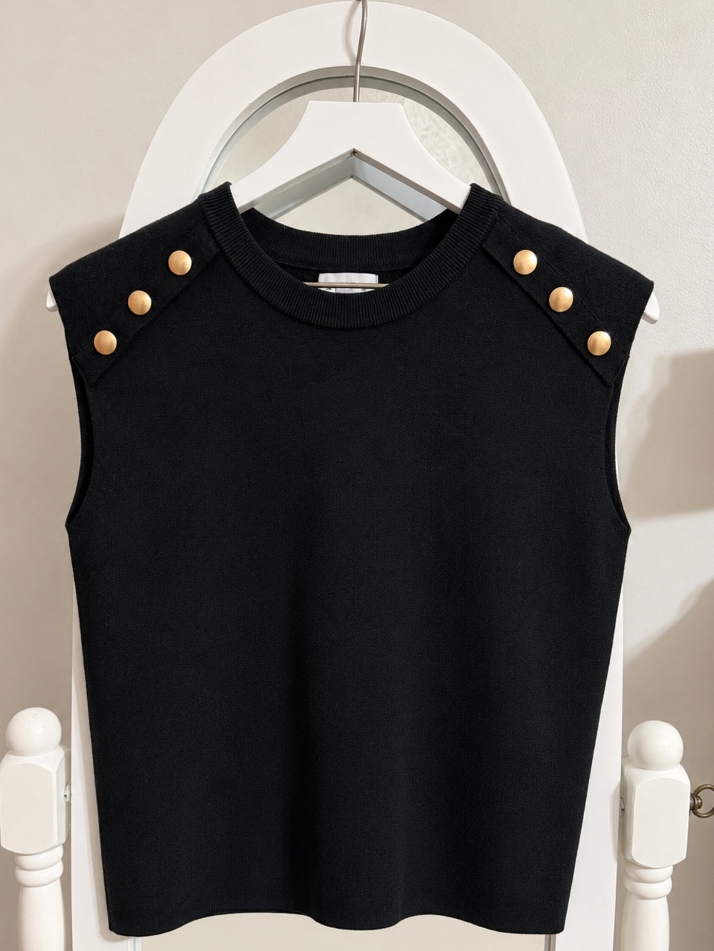 Evereve Black Sleeveless Knit Top with Gold Buttons